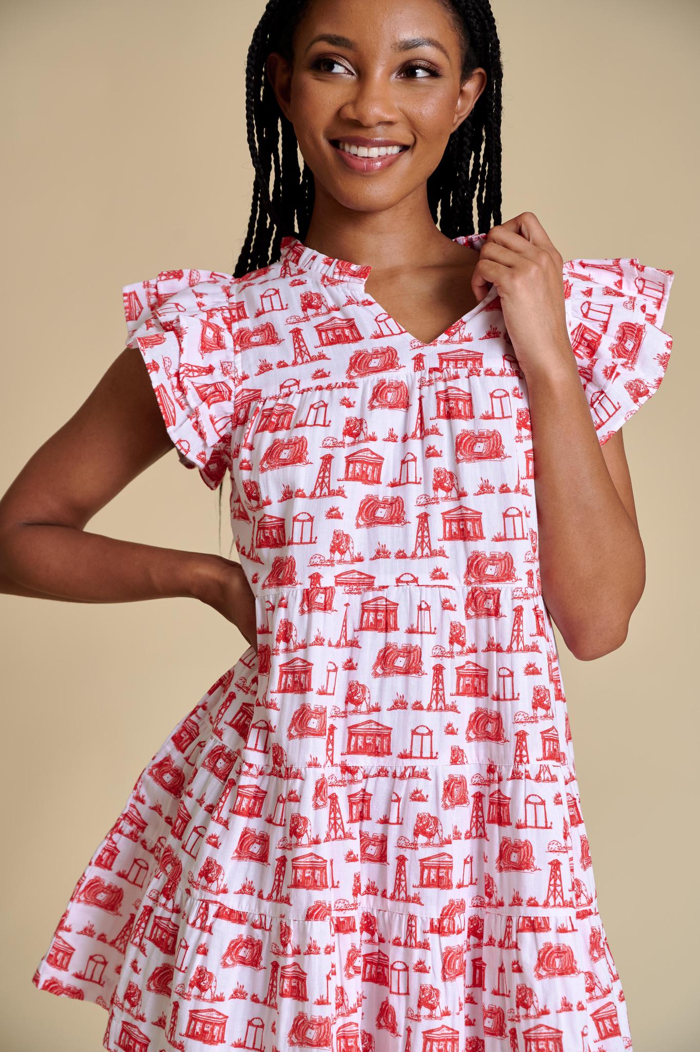 Stewart Simmons UGA The Team Toile Flutter Sleeve Dress Womens