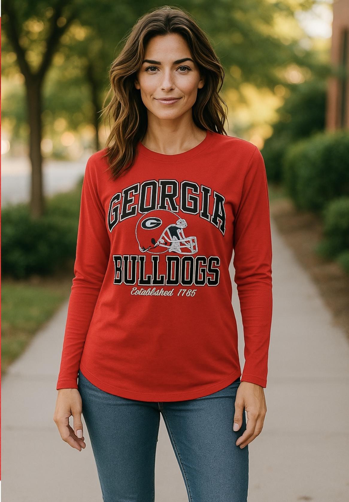 Pressbox UGA Cavelli Long-Sleeve Crew-Neck Rounded-Bottom Jersey Womens Top