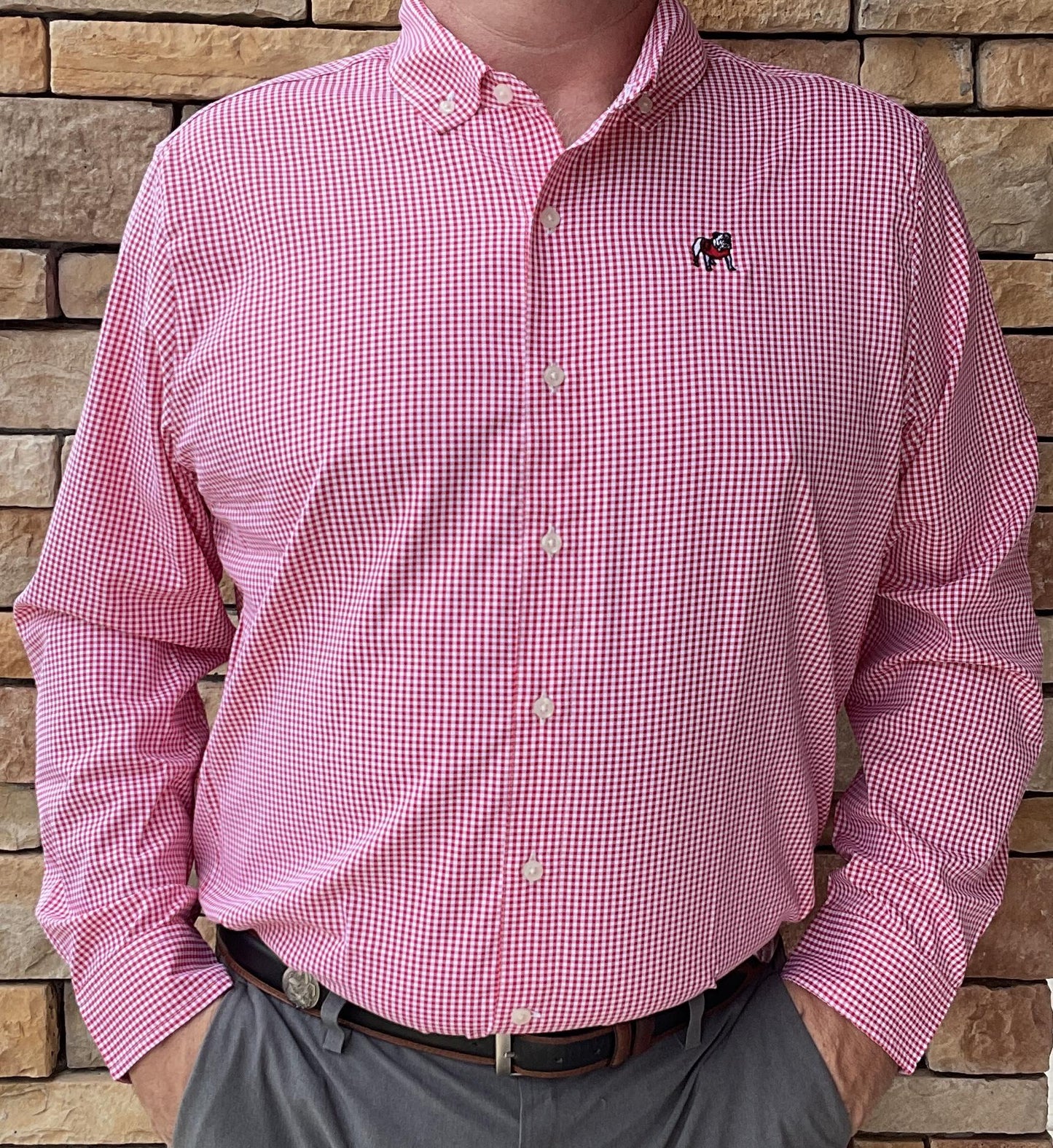 Cutter & Buck UGA Mens Skyline Eco Gingham Button Down Shirt Red/White