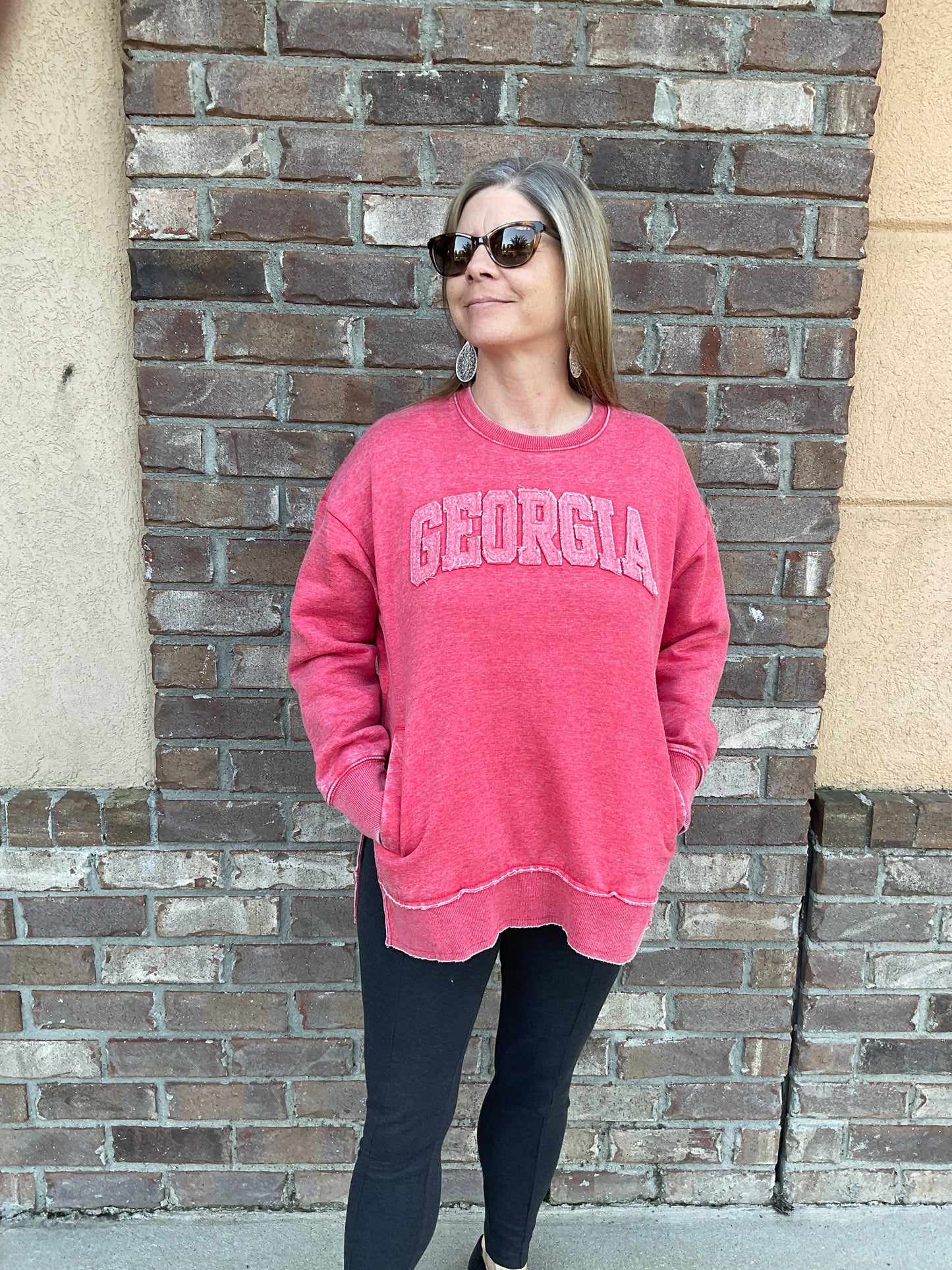Pressbox UGA Womens Marniville Long-Sleeve Crew-Neck Side-Split Pocketed Vintage Fleece