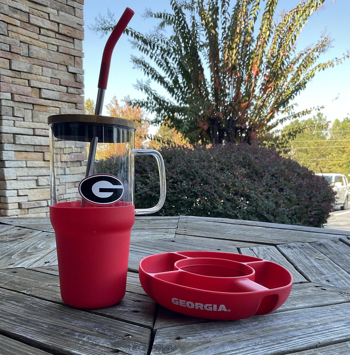 The Memory Company UGA 40oz Glass Tumbler With Silicone Snack Bowl