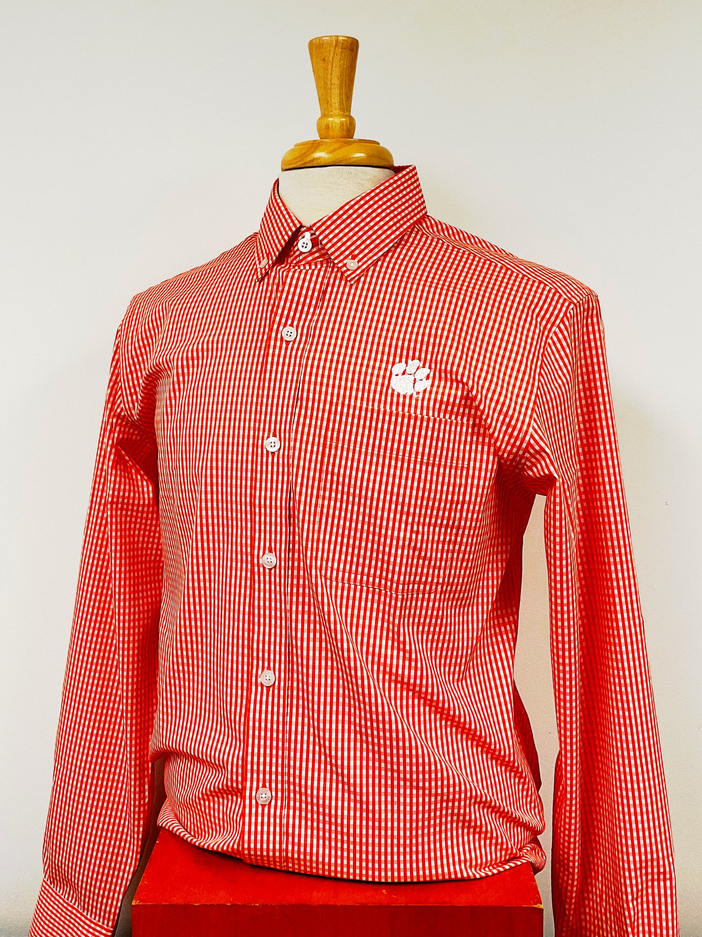 Cutter & Buck Clemson Anchor Gingham Mens Button-Up Shirt (Orange)