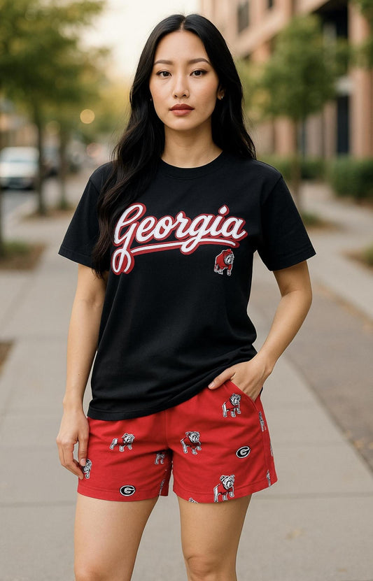 Pressbox UGA Harlow Glitter Womens Short-Sleeve Crew -Neck Rounded Bottom Tops