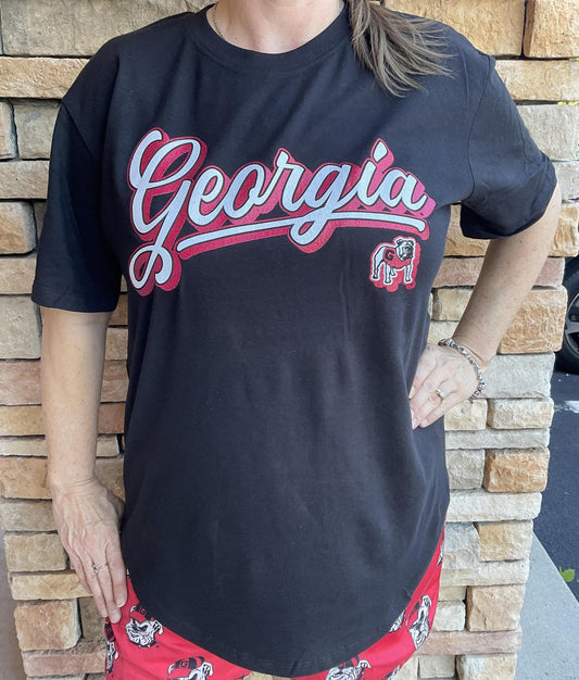 Pressbox UGA Harlow Glitter Womens Short-Sleeve Crew -Neck Rounded Bottom Tops