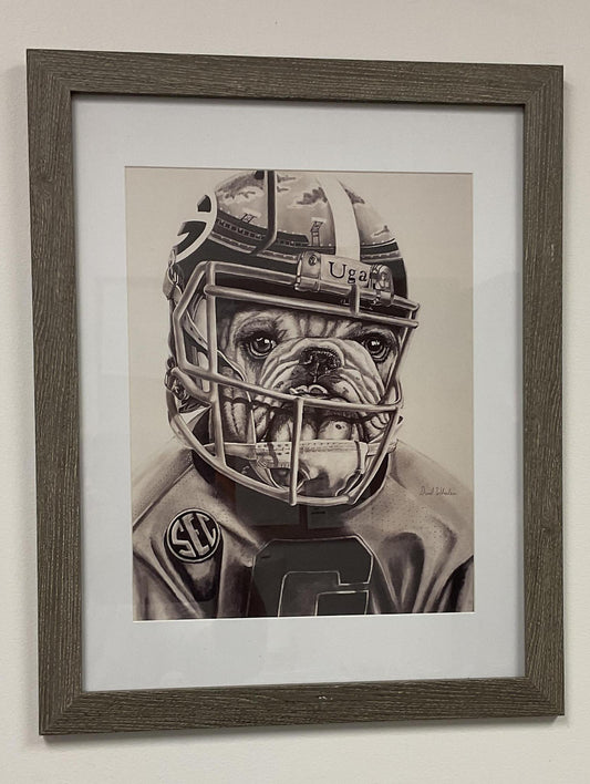 Hunker Down Drawings Dawg With Helmet Framed