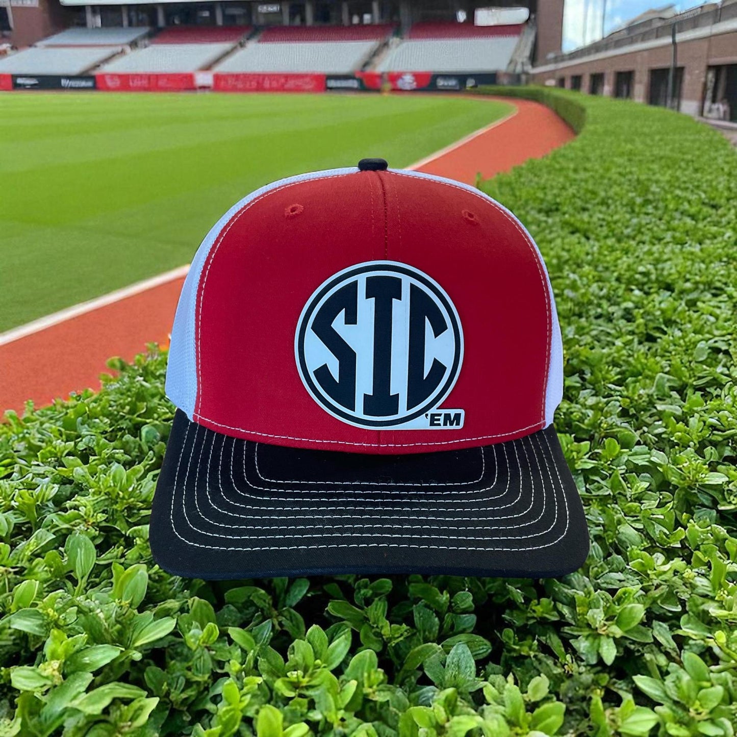 The Fan Zone UGA Sic em Hat Red Front Black Bill