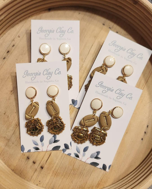 Ga Clay Co UGA Trio Gold Pearls And Football Earrings