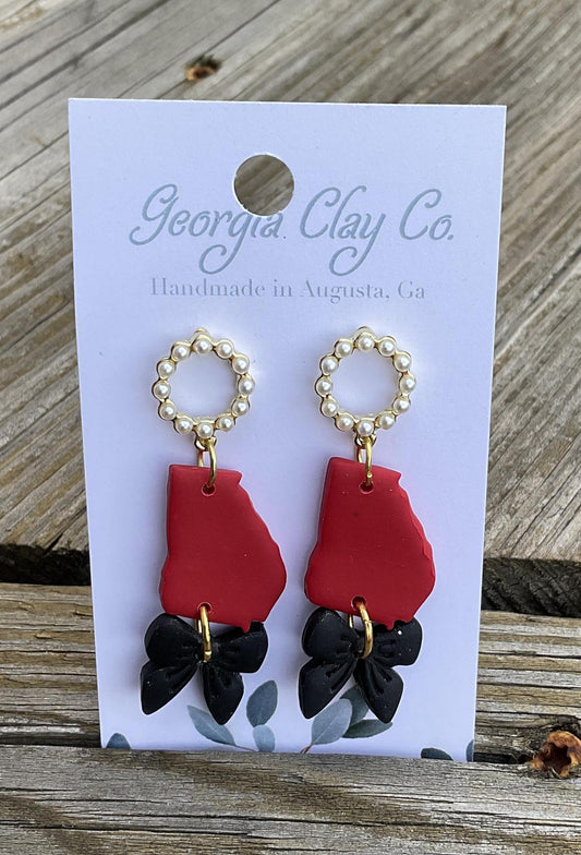 Georgia Clay Co UGA Pearl Bow Dangle Earrings