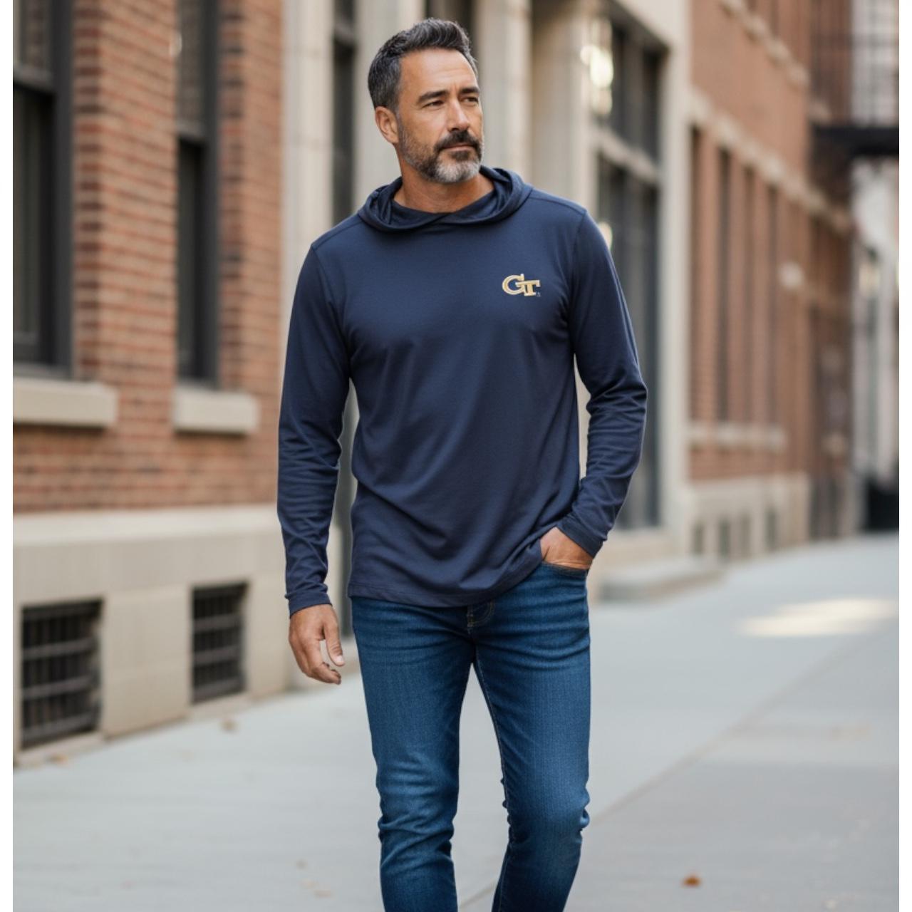 Cutter & Buck Georgia Tech Coastline Epic Comfort Eco Hooded Mens Shirt Navy Blue