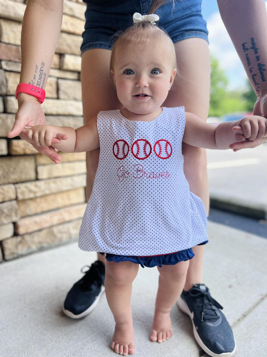 Little Bear Smocks Atlanta Braves Girls Baseball Shirt & Diaper Set