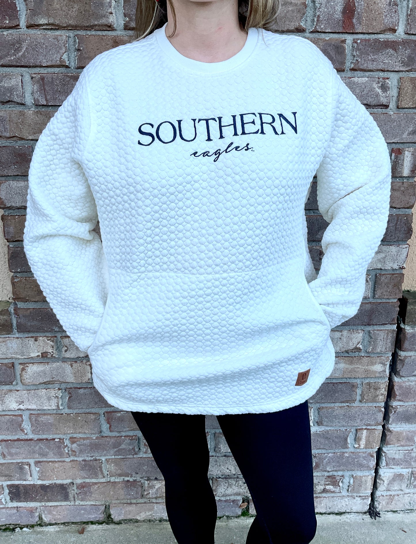 Pressbox Georgia Southern Womens Champagne Long-Sleeve Crew-Neck Cable-Knit Textured Fleece