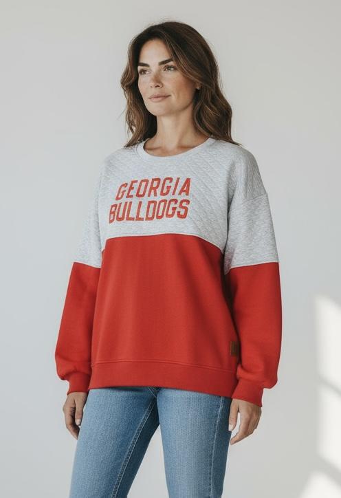 Pressbox UGA Womens Kaia Priscilla Quilted Crew Neck
