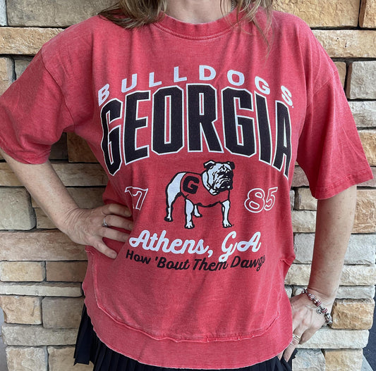 Pressbox UGA Corvallis Short Sleeve Womens Crew-Neck Oversized Rounded-Bottom Vintage Top