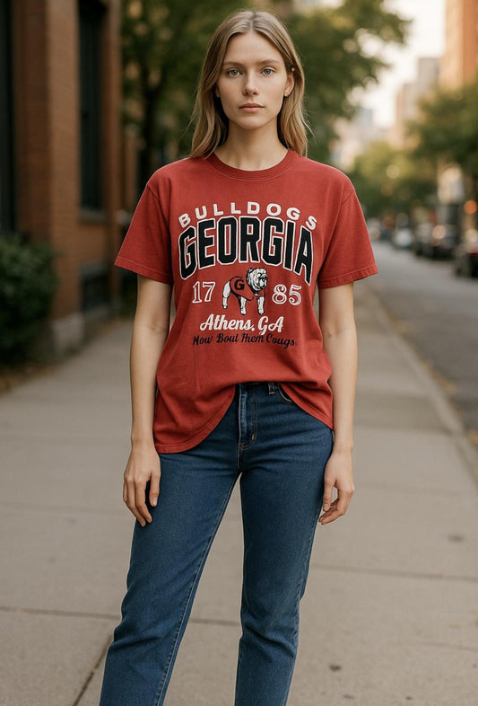 Pressbox UGA Corvallis Short Sleeve Womens Crew-Neck Oversized Rounded-Bottom Vintage Top