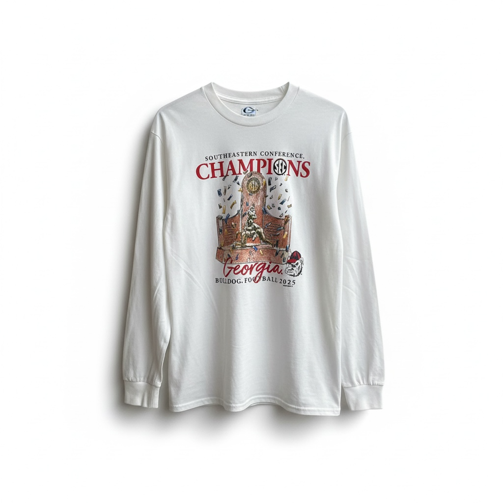 New World Graphics UGA SEC FB CHAMP 25 Trophy White Gildan Long-Sleeved T-Shirt