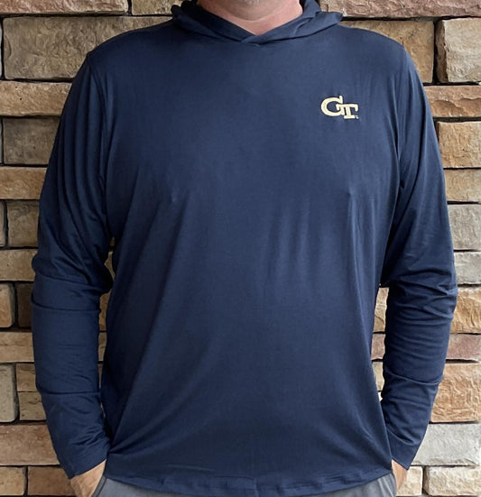 Cutter & Buck Georgia Tech Coastline Epic Comfort Eco Hooded Mens Shirt Navy Blue